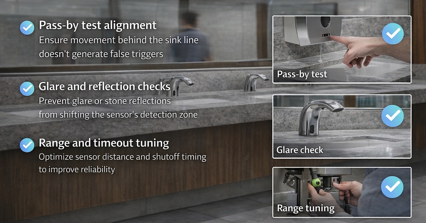 Commissioning checklist alignment for pass-by testing, glare checks, and range and timeout tuning to reduce callbacks